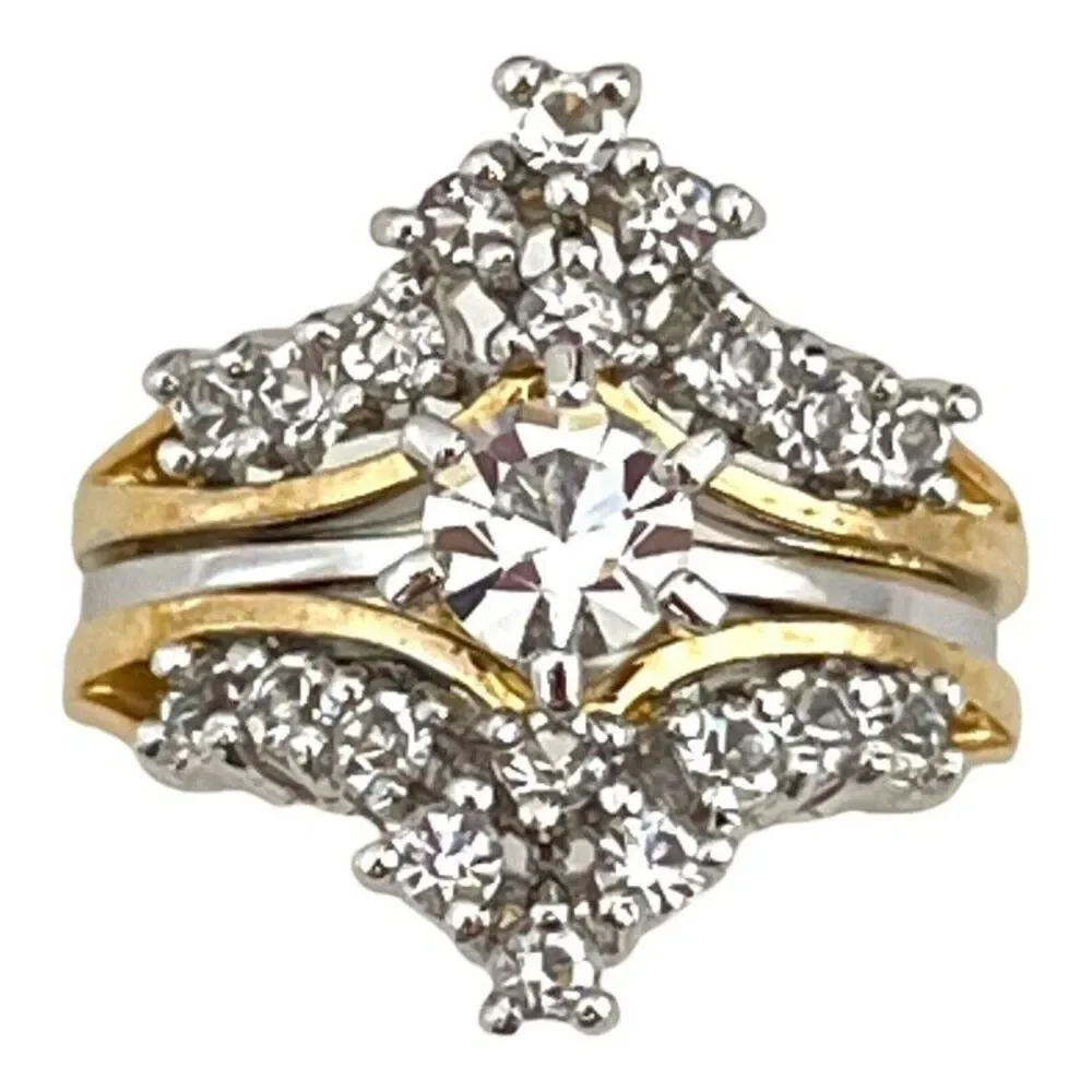 Vintage 1970s Wedding Ring Set Size 7 CZ Bridal Cluster Gold Plated Band - 14R